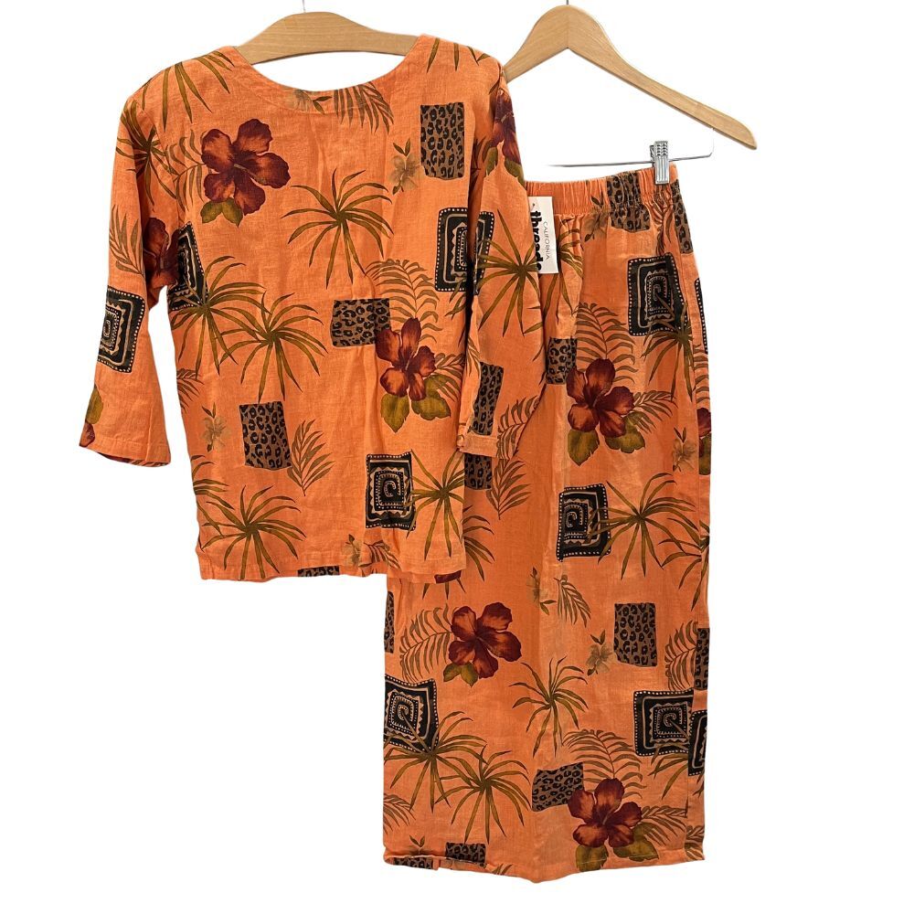 Vintage California Threads Linen 2 Piece Top Skirt Set Tropical Hawaii Print XS